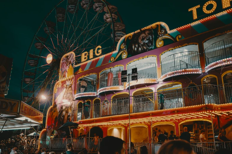 a carnival at night with a ferris wheel in the background, pexels contest winner, 🚿🗝📝, big belly, creepy themed, avatar image