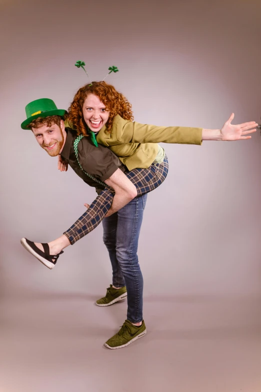 a man carrying a woman on his back, by Meredith Dillman, pexels, happening, four leaf clover, wearing a silly hat, studio photo, square