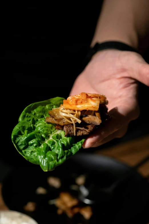 a close up of a person holding a leaf of lettuce, tentacles wrapped around burgers, with a black background, daopao, square