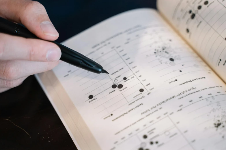 a person writing on a book with a pen, by Adam Pijnacker, analytical art, star charts, ink dots, thumbnail, fan favorite