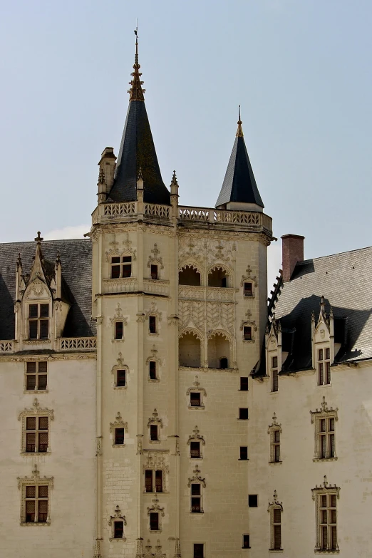 a large white castle sitting on top of a lush green field, inspired by Jean Fouquet, flickr, gothic regal, crenellated balconies, -, exterior view