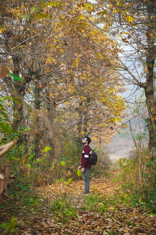 a man standing in the middle of a forest, a picture, inspired by Elsa Bleda, pexels contest winner, korean countryside, foliage clothing, teenage boy, february)