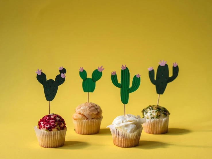 a group of cupcakes sitting on top of a table, holding a cactus, on grey background, stick poke, product photograph