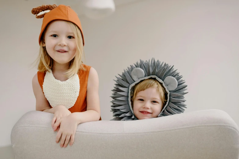 a couple of kids sitting on top of a couch, inspired by Elsa Beskow, smart hedgehog, wears a light grey crown, softplay, close - up photograph