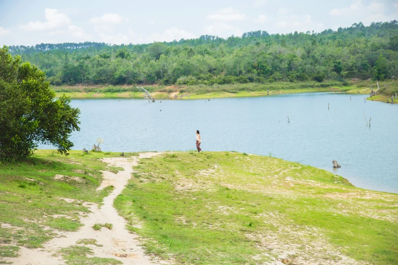 a man standing on top of a lush green hillside next to a lake, an album cover, by Basuki Abdullah, unsplash, hurufiyya, people walking around, swimming, sri lanka, a photo of a lake on a sunny day