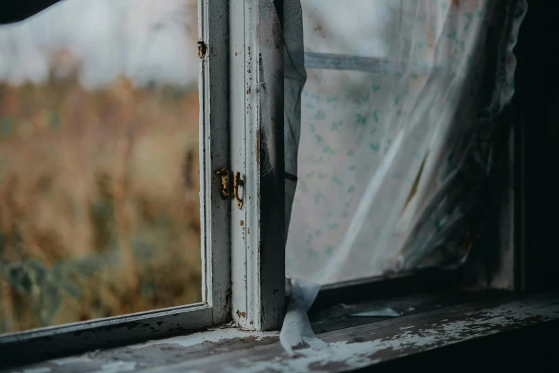 a close up of a window with a curtain, an album cover, inspired by Elsa Bleda, pexels contest winner, derelict house, desktop wallpaper, background image, a door you must never open