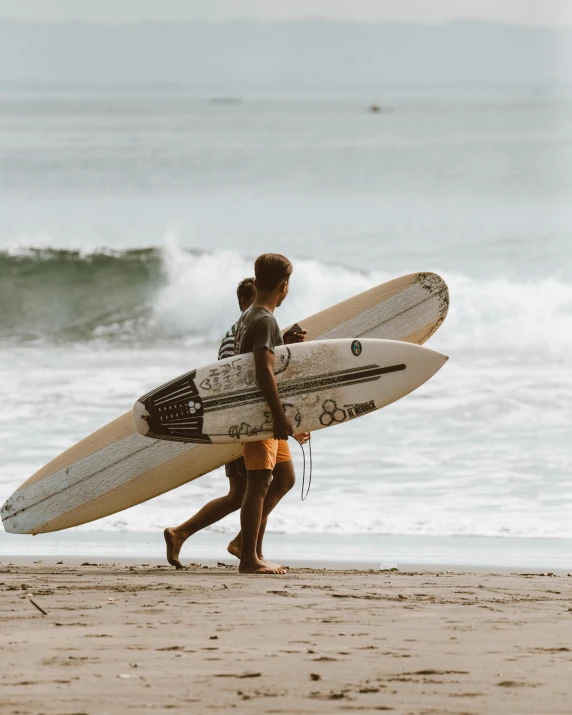 a couple of people walking on a beach with surfboards, pexels contest winner, renaissance, thumbnail, cute boys, bali, very accurate photo