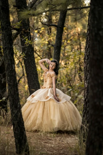 a woman in a dress is standing in the woods, a portrait, instagram, baroque, wearing organza gown, gold, christopher morris photography, alanis guillen