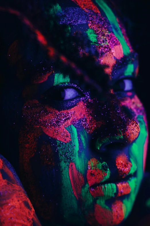 a woman with fluorescent paint on her face, poster art, trending on pexels, colorful]”, close - up of face, midnight colors, intricate colors