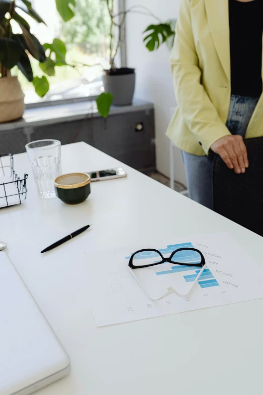 a woman standing in front of a laptop computer, by Gavin Hamilton, trending on unsplash, analytical art, in a meeting room, wearing square glasses, papers on table, product introduction photo