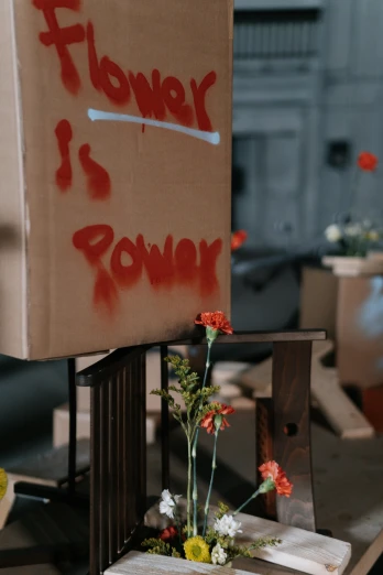 a cardboard box sitting on top of a table, by Elsie Few, graffiti, the flower tower, protest, shot from cinematic, red power