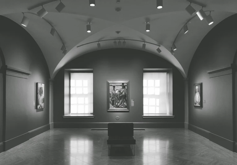 a black and white photo of an art gallery, clear painting and good lighting, arched ceiling, masterpiece painting, promo image