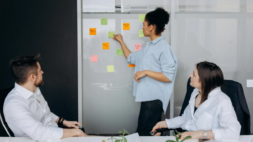 a group of people sitting around a table with sticky notes on it, by Emma Andijewska, pexels contest winner, wearing business casual dress, whiteboard, profile image, promotional image