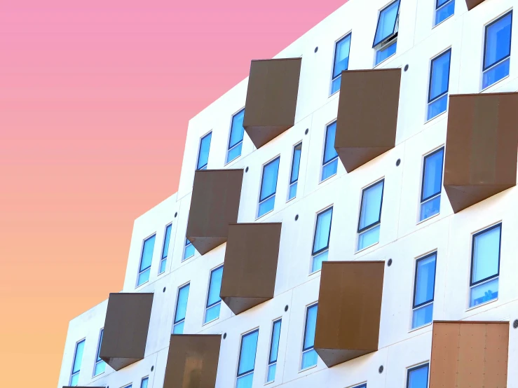 a tall building with lots of windows and balconies, a digital rendering, by Washington Allston, unsplash, hypermodernism, pink and blue gradients, ten flats, white minimalist architecture, scrapyard architecture