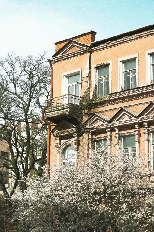 a red fire hydrant sitting in front of a tall building, inspired by Illarion Pryanishnikov, pexels contest winner, neoclassicism, lush sakura trees, an old abandoned mansion, neo kyiv, sunny bay window