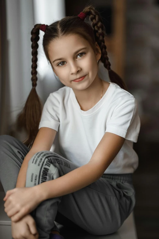 a little girl sitting on top of a suitcase, a portrait, pexels contest winner, dressed in a white t shirt, twisted braids, thighs close up, aged 13