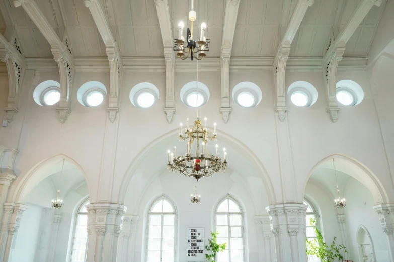 a room filled with lots of windows and a chandelier, inspired by Matthias Jung, unsplash contest winner, baroque, white church background, hammershøi, mosque synagogue interior, light fixtures