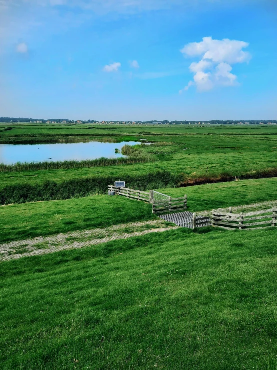 a field with a pond in the middle of it, railing along the canal, seaview, haafingar hold, 2019 trending photo