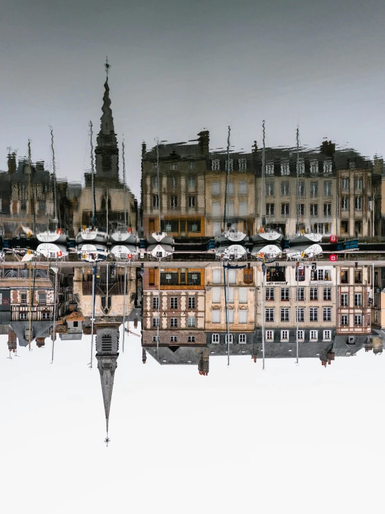 a reflection of buildings in a body of water, by Raphaël Collin, unsplash contest winner, hyperrealism, normandy, panoramic, square, an victorian city