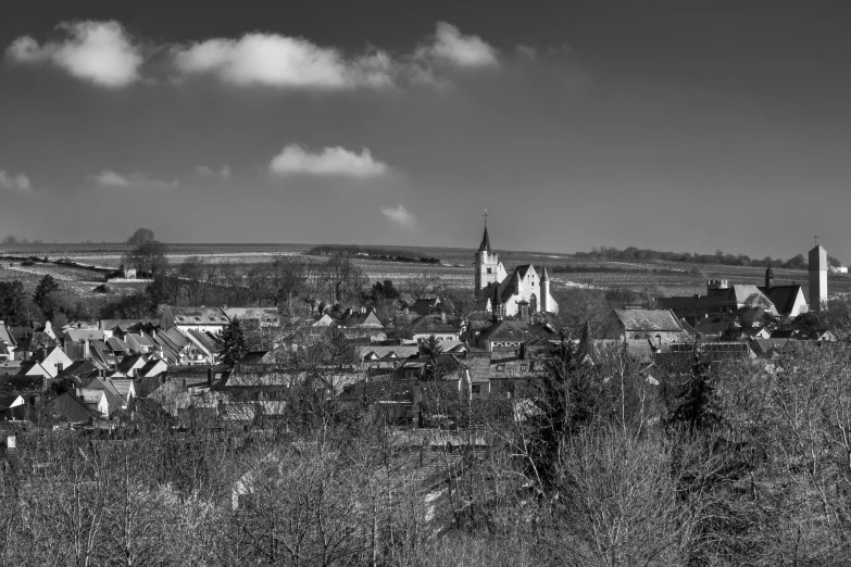 a black and white photo of a small town, by Karl Pümpin, pexels, baroque, detailed medium format photo, panorama, springtime, churches