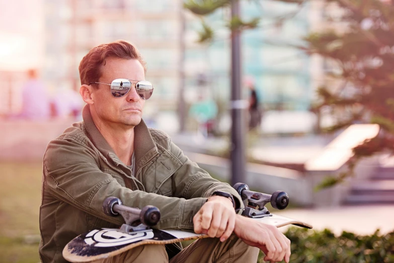 a man sitting on a bench with a skateboard, aviator shades, profile image, mikko, multiple stories