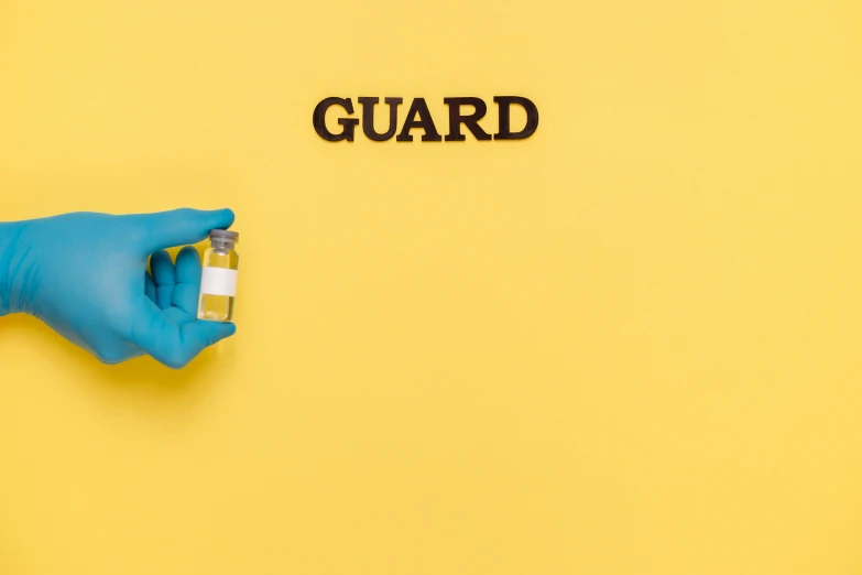 a gloved hand holding a vial with the word guard written on it, an album cover, shutterstock, bright uniform background, on a yellow canva, full body in shot, securityguard