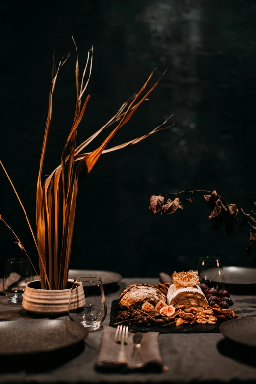 a close up of a plate of food on a table, a still life, by Sara Saftleven, unsplash, dead plants and flowers, smoked layered, dessert, illuminated