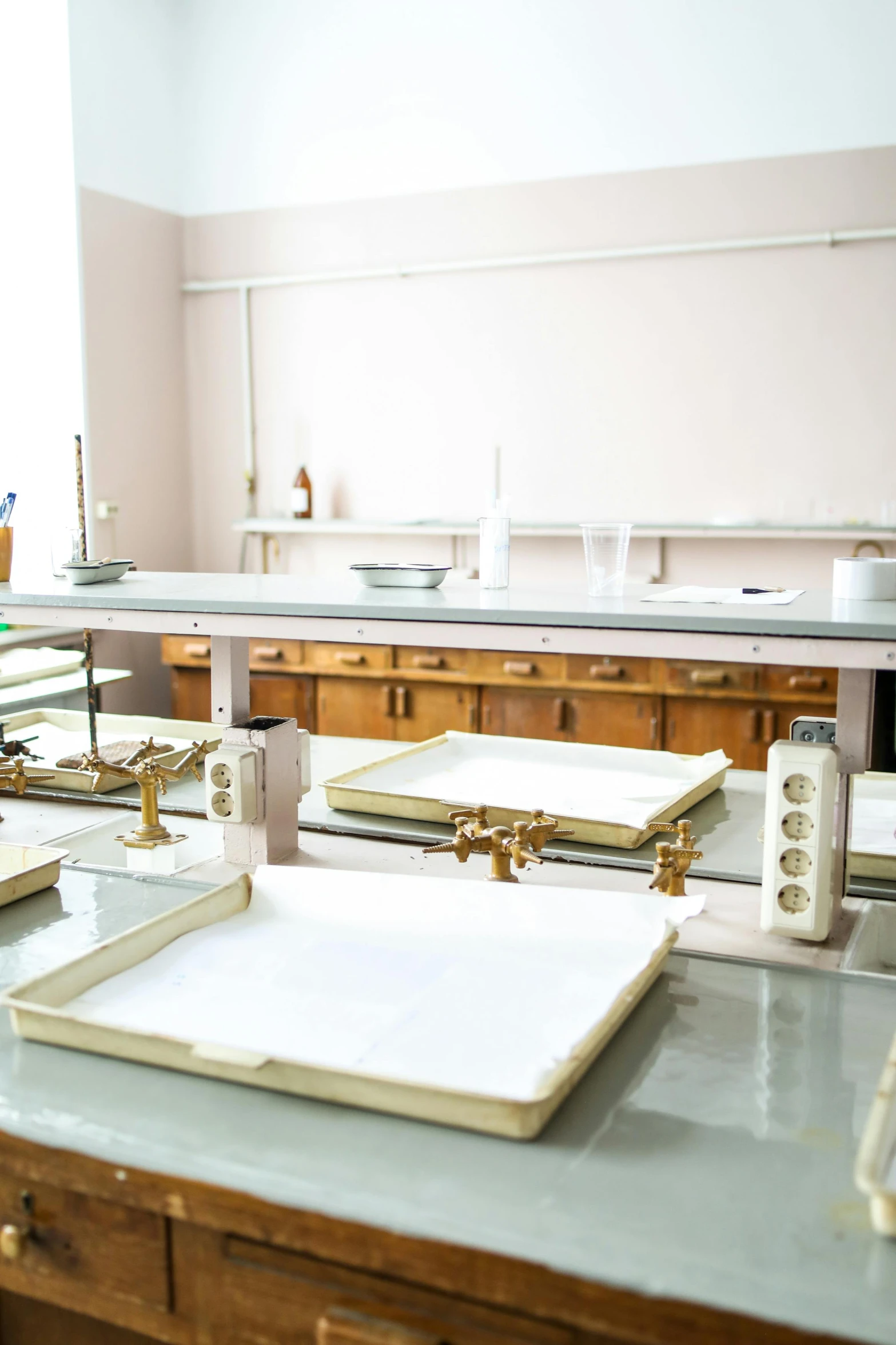 a group of trays sitting on top of a counter, a silk screen, academic art, laboratory, white marble interior photograph