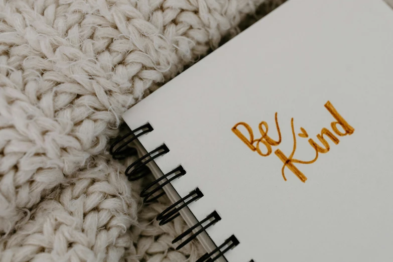 a white notebook sitting on top of a white blanket, trending on pexels, graffiti, kindness, gold embroidery, thumbnail, wearing a white sweater