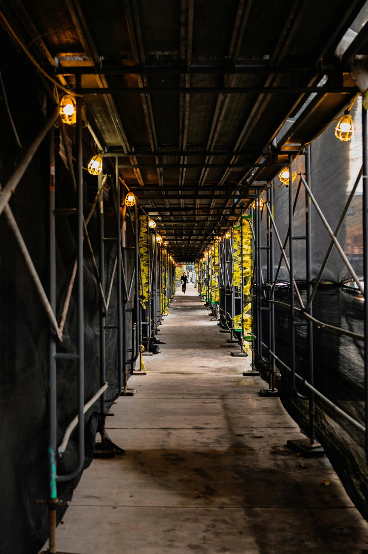 a walkway is lined with scaffolding and lights, a portrait, by Bernie D’Andrea, unsplash, lamps and flowers, theater access corridor, construction site, new york alleyway