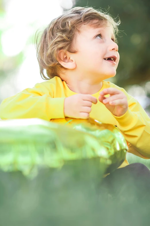 a little boy in a yellow shirt playing with a frisbee, by Nicolette Macnamara, pexels, visual art, sitting on a leaf, wearing a green sweater, smiling laughing, detail shot