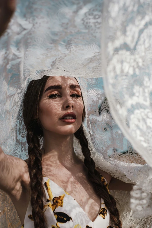 a woman in a white dress holding an umbrella, unsplash contest winner, closeup of face melting, wearing translucent veils, girl with plaits, fashion shoot 8k