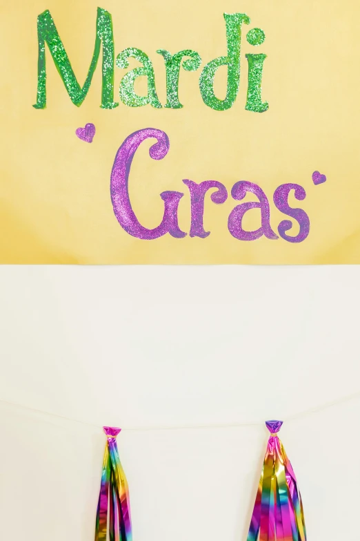 a mardi gras banner hanging on a wall, product shot, full body image, up close picture, lettering