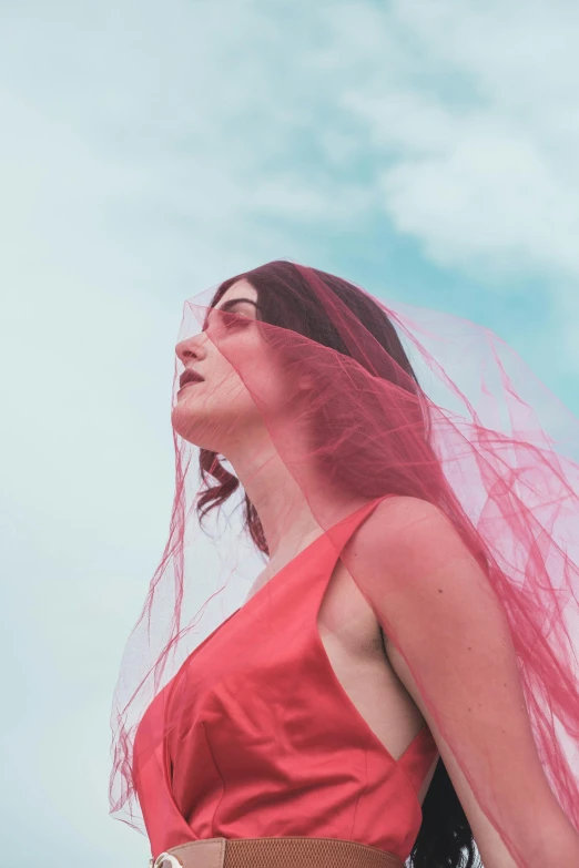 a woman in a red dress with a veil over her head, an album cover, inspired by Elsa Bleda, pexels contest winner, the sky is pink, warpaint aesthetic, young woman looking up, dyed hair