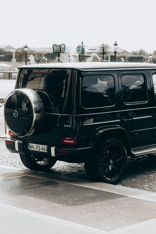 a black mercedes benz benz benz benz benz benz benz benz benz benz benz benz benz benz benz, by Niko Henrichon, pexels contest winner, it has six thrusters in the back, jeep in background, elegantly dressed, long shot from back