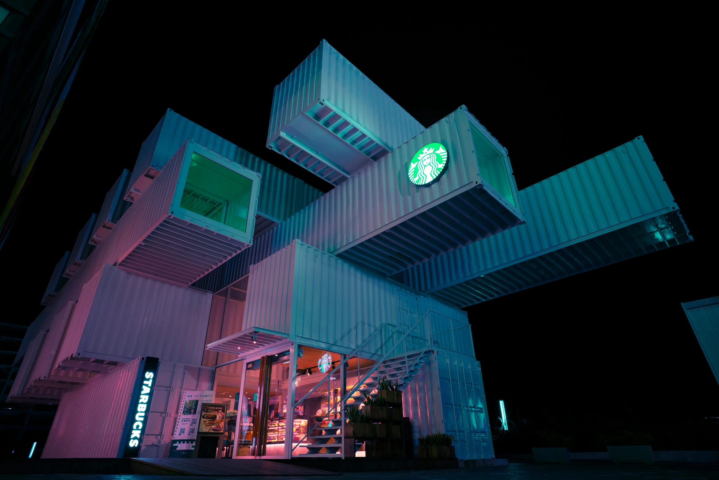 a starbucks coffee shop lit up at night, inspired by Beeple, unsplash, conceptual art, shipping containers, square, california, mint