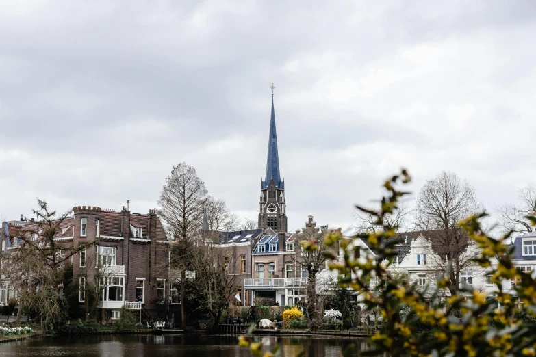 a large body of water with buildings in the background, a photo, by Jan Tengnagel, pexels contest winner, happening, delft, lead - covered spire, with dark trees in foreground, upon a peak in darien