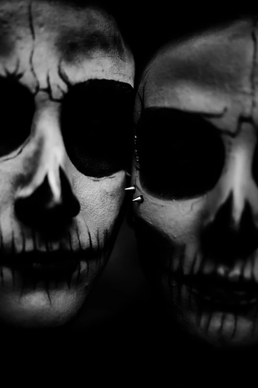 a couple of skulls sitting next to each other, a black and white photo, by Adam Marczyński, pexels contest winner, skull face paint, dark eye sockets, album cover, half face