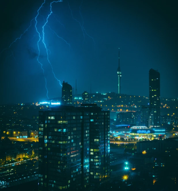a city at night with lightning in the sky, by Adam Marczyński, pexels contest winner, dramatic blue light, koyaanisqatsi, ominous photo, multiple stories