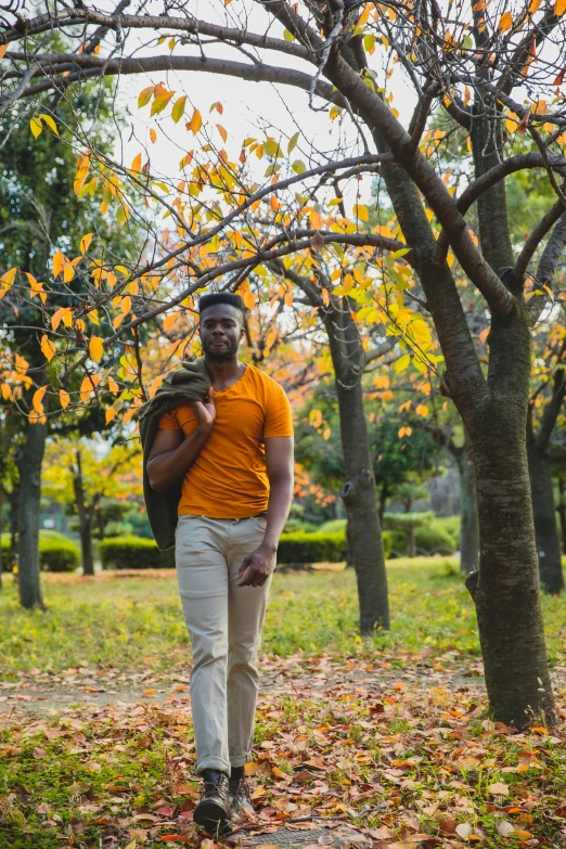 a man walking down a path in a park, by Carey Morris, pexels contest winner, with brown skin, yellow and ornage color scheme, model posing, cotton