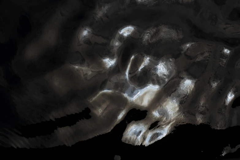 a close up of a cat laying on a bed, a digital painting, inspired by Anna Füssli, generative art, very dark cave, white ink sketch on black paper, in style of photogrammetry cloud, ice cave