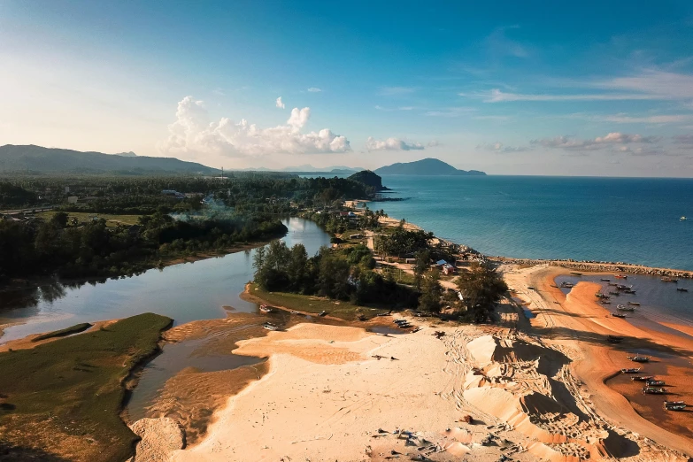 a sandy beach next to a body of water, by Romain brook, unsplash contest winner, sumatraism, aerial view of an ancient land, sunny day time, thumbnail, malaysian