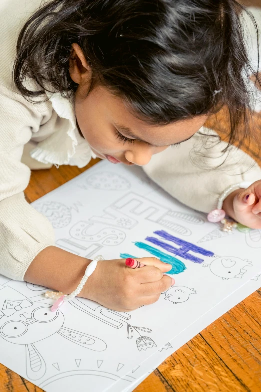 a little girl is drawing on a piece of paper, by Nicolette Macnamara, colouring - in sheet, say ahh, super high resolution, next gen