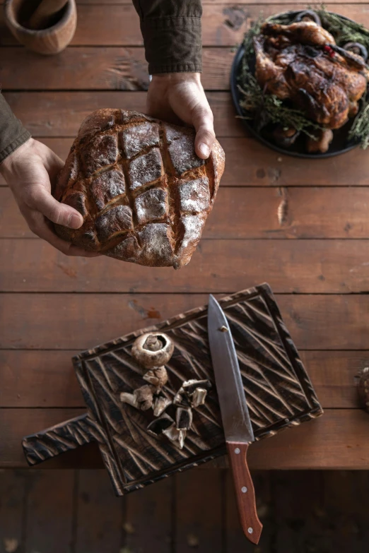 a person holding a piece of bread on top of a wooden table, pinecone, game ready, square, kete butcher