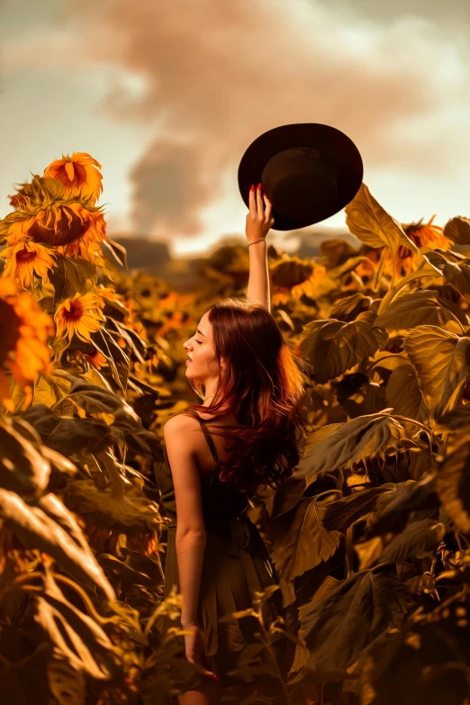 a woman holding a hat in a field of sunflowers, pexels contest winner, romanticism, 5 0 0 px models, gold, suns, paul barson