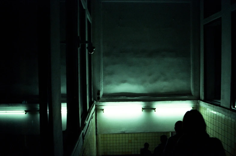 a person sitting on a toilet in a dark room, inspired by Elsa Bleda, light and space, crowded silhouettes, bathhouse, pale green glow, dark photograph