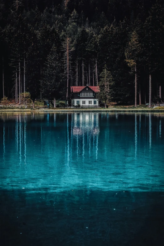 a house sitting in the middle of a lake, by Sebastian Spreng, pexels contest winner, dark teal, crystal water, recreation, serene colors