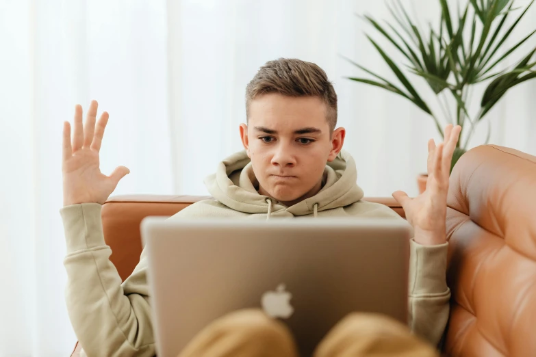 a man sitting on a couch in front of a laptop, trending on pexels, shrugging, teenager, avatar image, he is wearing a brown sweater