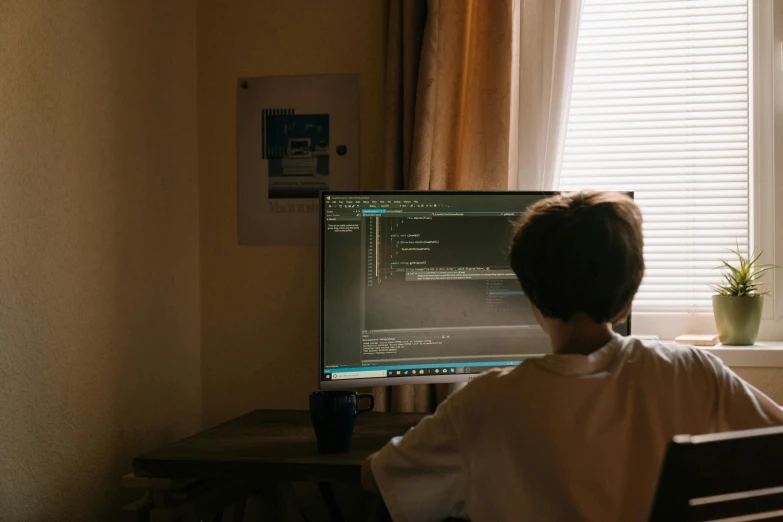 a person sitting at a desk in front of a computer, boy staring at the window, coding, high quality screenshot, taken in 2022