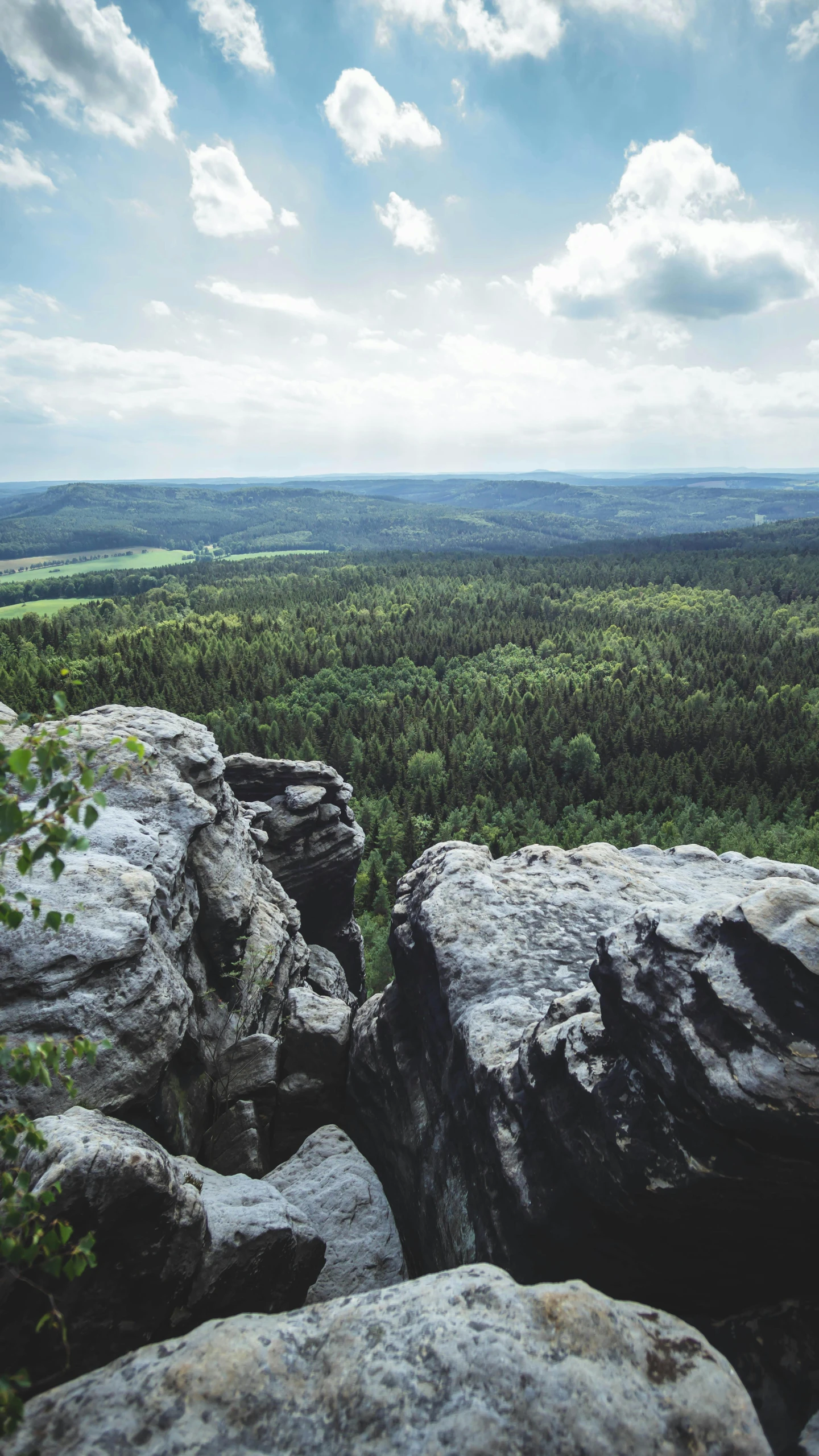 a couple of large rocks sitting on top of a lush green hillside, by Matthias Stom, pexels contest winner, overlooking a vast serene forest, 4 k cinematic panoramic view, grey, high-angle